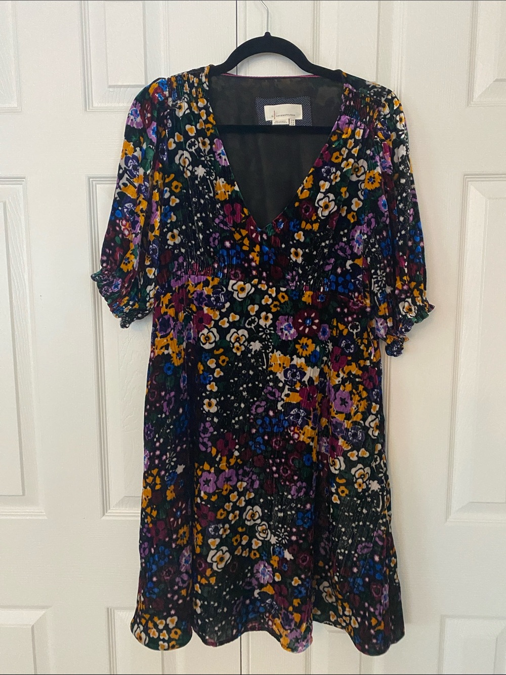 Anthropologie Black Floral Midi Dress with Purple and Mustard Accents